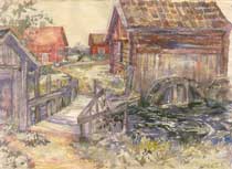 Kvarnen vid Övre Hammaren, ca 1930. Akvarell av Elin Axelsson.
					 